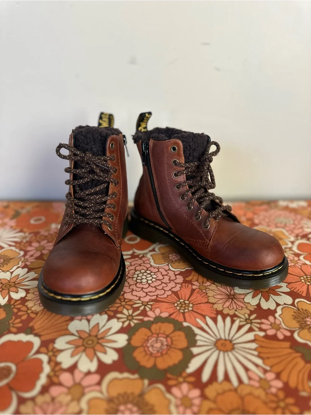 Dr. Martens Kids Brown Leather Lace-Up Side-Zip Shearling Boots Fall Winter